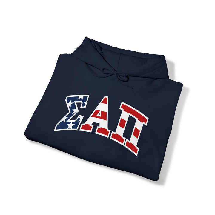 SIGMA ALPHA PI Heavy Hooded Sweatshirt - American Flag on Navy