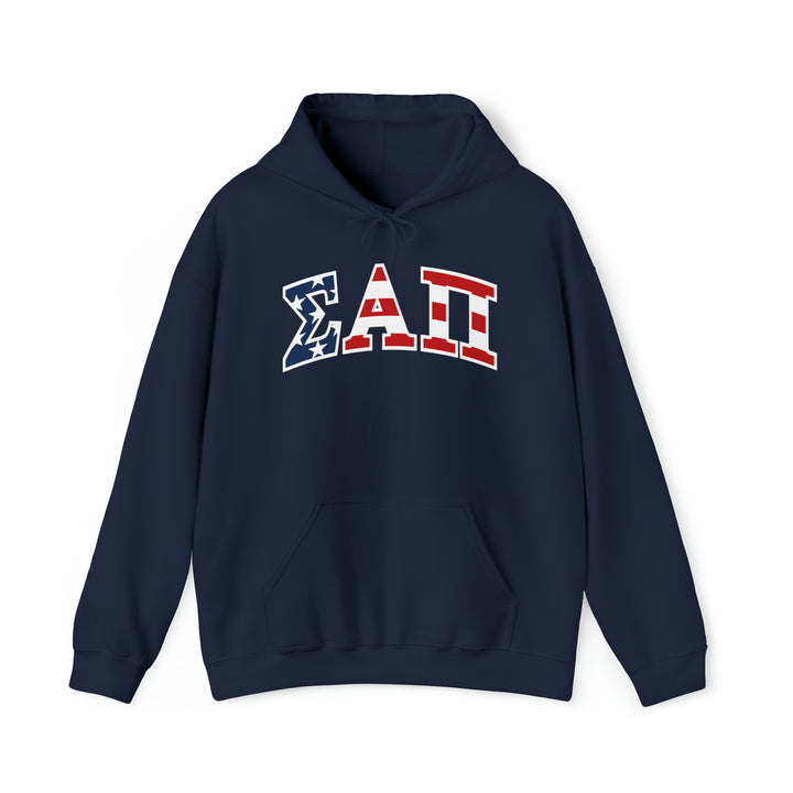 SIGMA ALPHA PI Heavy Hooded Sweatshirt - American Flag on Navy