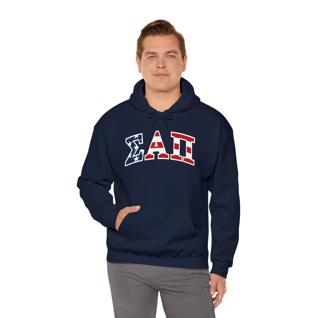 SIGMA ALPHA PI Heavy Hooded Sweatshirt - American Flag on Navy