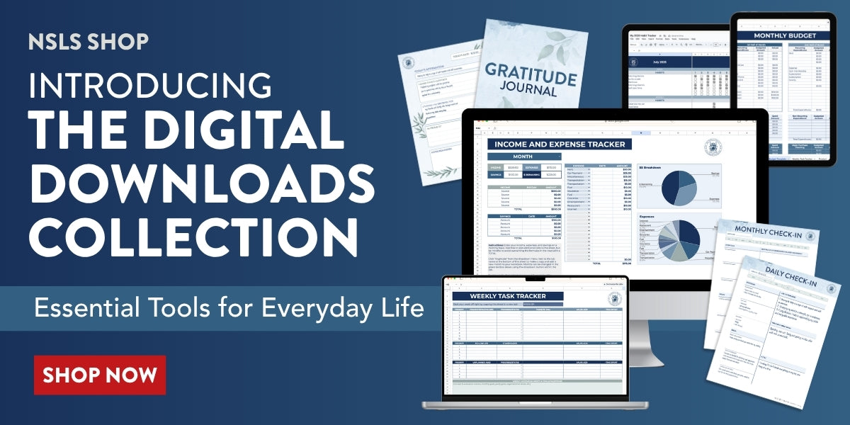 Promotional image for digital downloads collection with software screens and printed documents on a blue background.