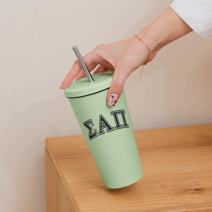Sigma Alpha Pi Insulated tumbler with a straw - 20oz Green