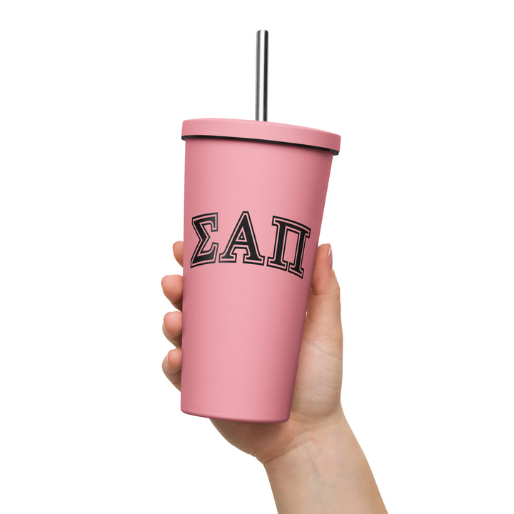 Sigma Alpha Pi Insulated tumbler with a straw - 20oz Pink