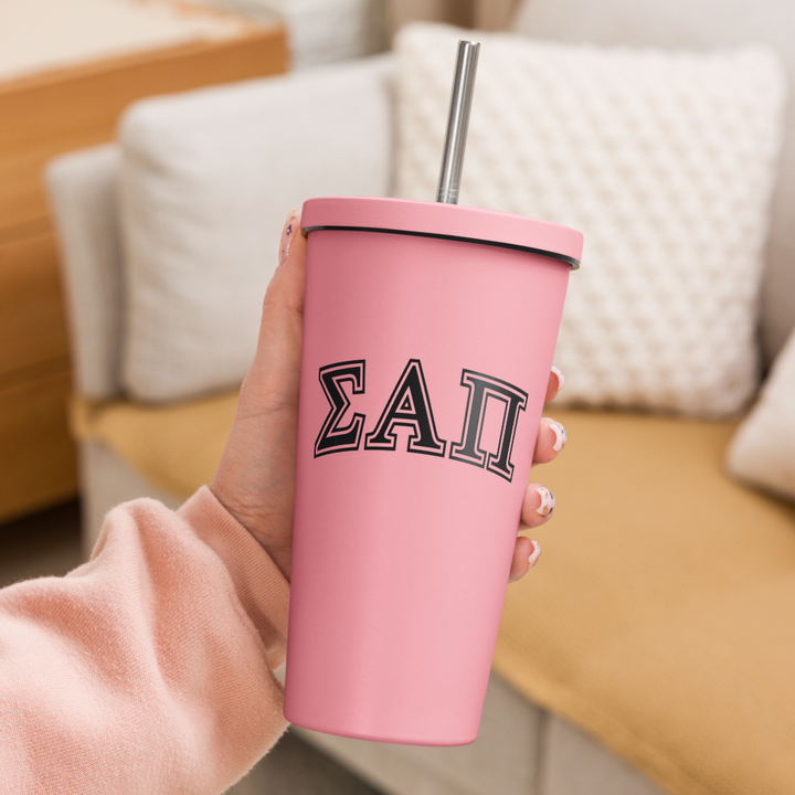 Sigma Alpha Pi Insulated tumbler with a straw - 20oz Pink