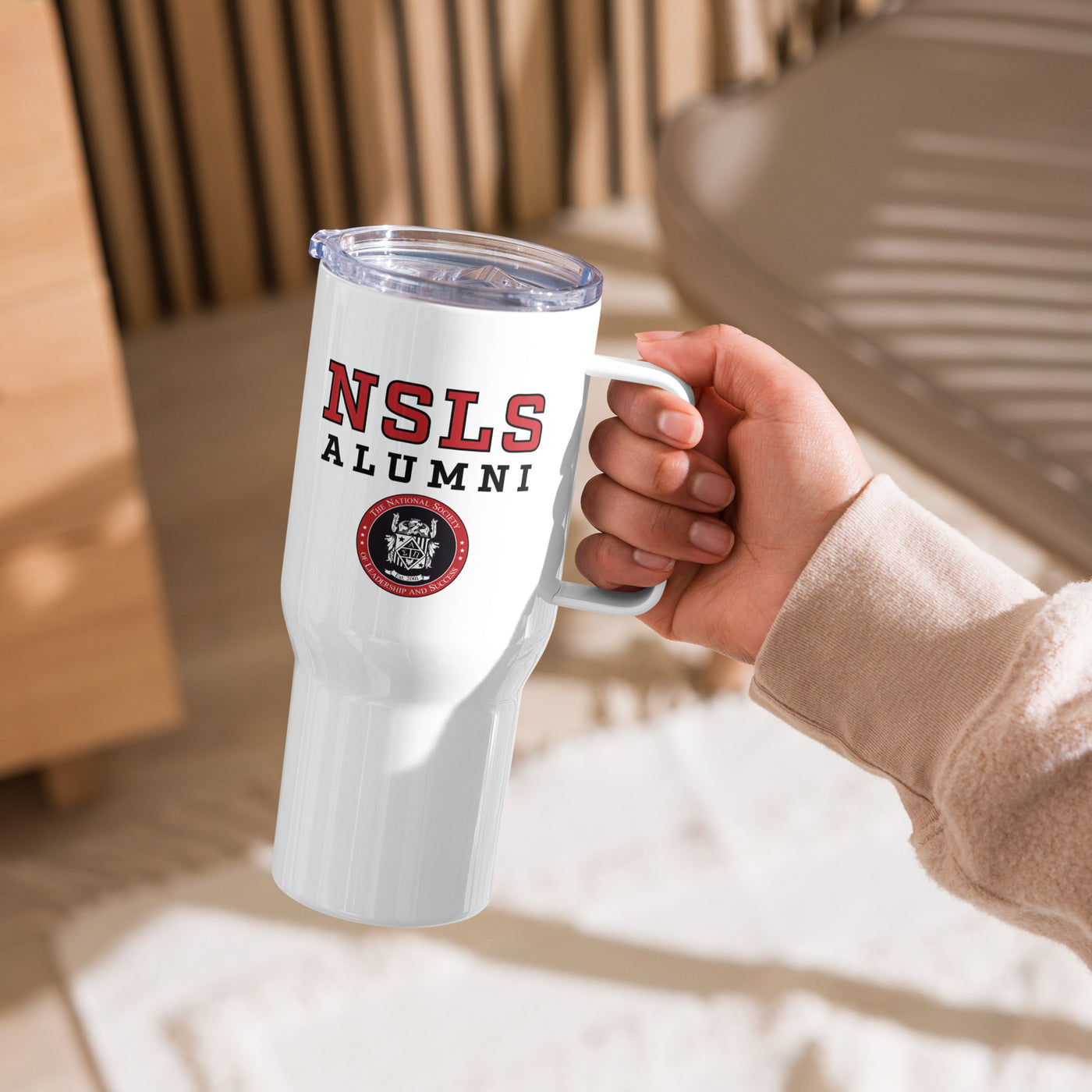 NSLS Alumni travel mug with handle, 25 oz - red/black