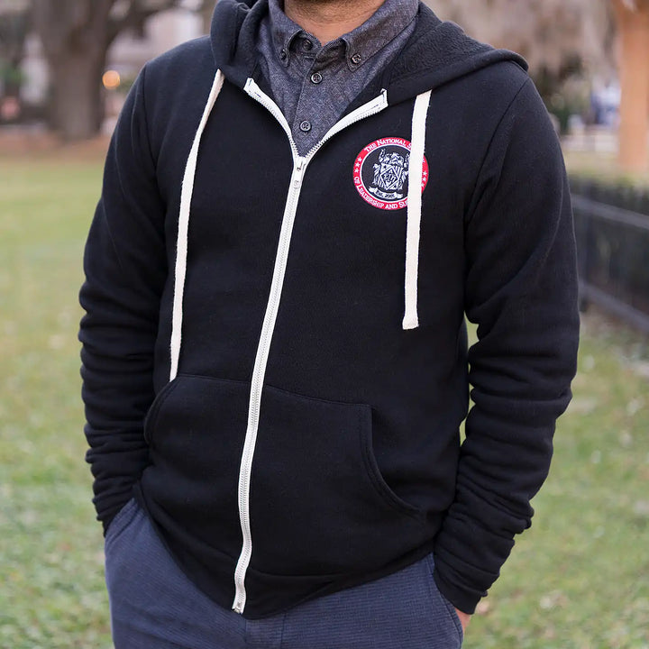 Full Zip Embroidered Hoodie - Black