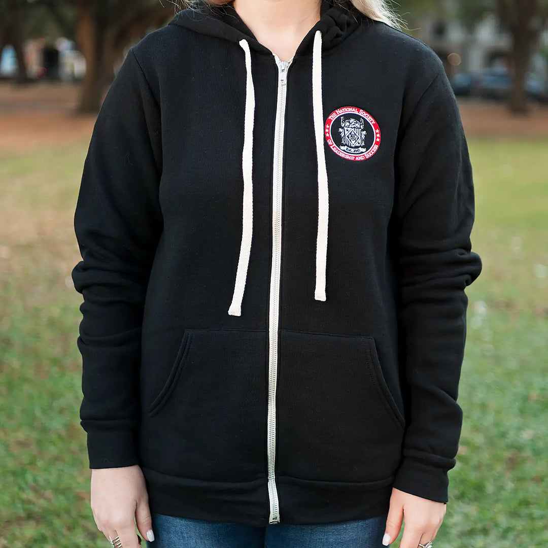 Full Zip Embroidered Hoodie - Black