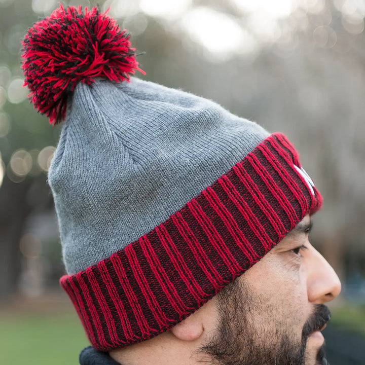 Knit Pom Pom Red And Grey Beanie – NSLS Shop